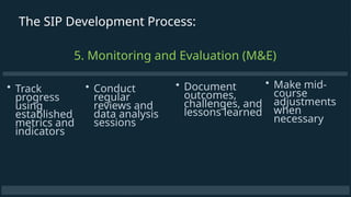 The SIP Development Process:
5. Monitoring and Evaluation (M&E)
• Track
progress
using
established
metrics and
indicators
• Conduct
regular
reviews and
data analysis
sessions
• Document
outcomes,
challenges, and
lessons learned
• Make mid-
course
adjustments
when
necessary
 