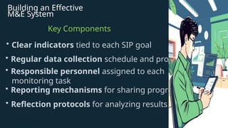Building an Effective
M&E System
Key Components
• Clear indicators tied to each SIP goal
• Regular data collection schedule and protocols
• Responsible personnel assigned to each
monitoring task
• Reporting mechanisms for sharing progress
• Reflection protocols for analyzing results
 