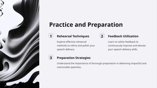 Practice and Preparation
1 Rehearsal Techniques
Explore effective rehearsal
methods to refine and polish your
speech delivery.
2 Feedback Utilization
Learn to utilize feedback to
continuously improve and elevate
your speech delivery skills.
3 Preparation Strategies
Understand the importance of thorough preparation in delivering impactful and
memorable speeches.
 