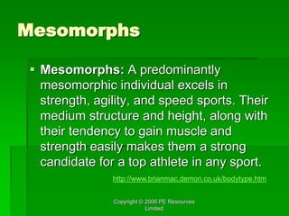 Copyright © 2006 PE Resources
Limited
Mesomorphs
 Mesomorphs: A predominantly
mesomorphic individual excels in
strength, agility, and speed sports. Their
medium structure and height, along with
their tendency to gain muscle and
strength easily makes them a strong
candidate for a top athlete in any sport.
http://www.brianmac.demon.co.uk/bodytype.htm
 