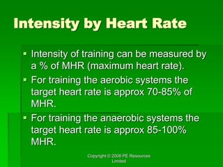Copyright © 2006 PE Resources
Limited
Intensity by Heart Rate
 Intensity of training can be measured by
a % of MHR (maximum heart rate).
 For training the aerobic systems the
target heart rate is approx 70-85% of
MHR.
 For training the anaerobic systems the
target heart rate is approx 85-100%
MHR.
 