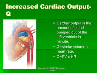 Copyright © 2006 PE Resources
Limited
Increased Cardiac Output-
Q
 Cardiac output is the
amount of blood
pumped out of the
left ventricle in 1
minute.
 Q=stroke volume x
heart rate.
 Q=SV x HR
 