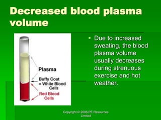 Copyright © 2006 PE Resources
Limited
Decreased blood plasma
volume
 Due to increased
sweating, the blood
plasma volume
usually decreases
during strenuous
exercise and hot
weather.
 