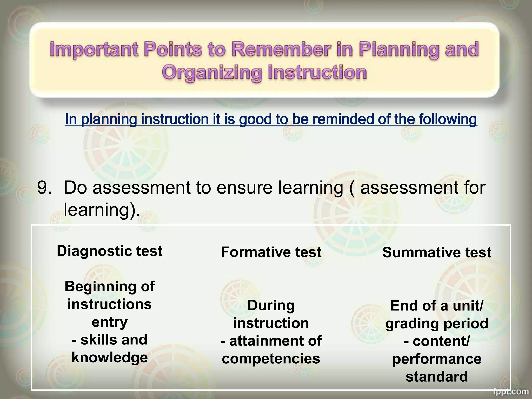 In planning instruction it is good to be reminded of the following
9. Do assessment to ensure learning ( assessment for
learning).
Diagnostic test
Beginning of
instructions
entry
- skills and
knowledge
Formative test
During
instruction
- attainment of
competencies
Summative test
End of a unit/
grading period
- content/
performance
standard
 