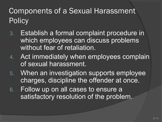 8-14 
Components of a Sexual Harassment 
Policy 
3. Establish a formal complaint procedure in 
which employees can discuss problems 
without fear of retaliation. 
4. Act immediately when employees complain 
of sexual harassment. 
5. When an investigation supports employee 
charges, discipline the offender at once. 
6. Follow up on all cases to ensure a 
satisfactory resolution of the problem. 
 