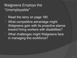 8-21 
Walgreens Employs the 
“Unemployable” 
 Read the story on page 180 
 What competitive advantage might 
Walgreens gain with its proactive stance 
toward hiring workers with disabilities? 
 What challenges might Walgreens face 
in managing this workforce? 
 