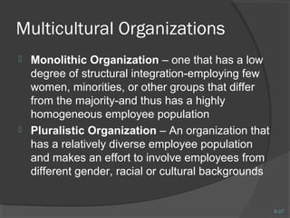 8-27 
Multicultural Organizations 
 Monolithic Organization – one that has a low 
degree of structural integration-employing few 
women, minorities, or other groups that differ 
from the majority-and thus has a highly 
homogeneous employee population 
 Pluralistic Organization – An organization that 
has a relatively diverse employee population 
and makes an effort to involve employees from 
different gender, racial or cultural backgrounds 
 