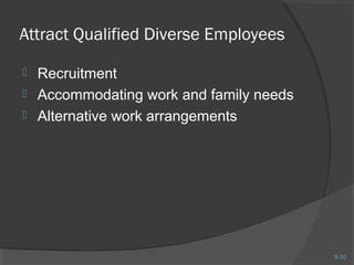 8-30 
Attract Qualified Diverse Employees 
 Recruitment 
 Accommodating work and family needs 
 Alternative work arrangements 
 