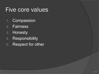 8-39 
Five core values 
1. Compassion 
2. Fairness 
3. Honesty 
4. Responsibility 
5. Respect for other 
