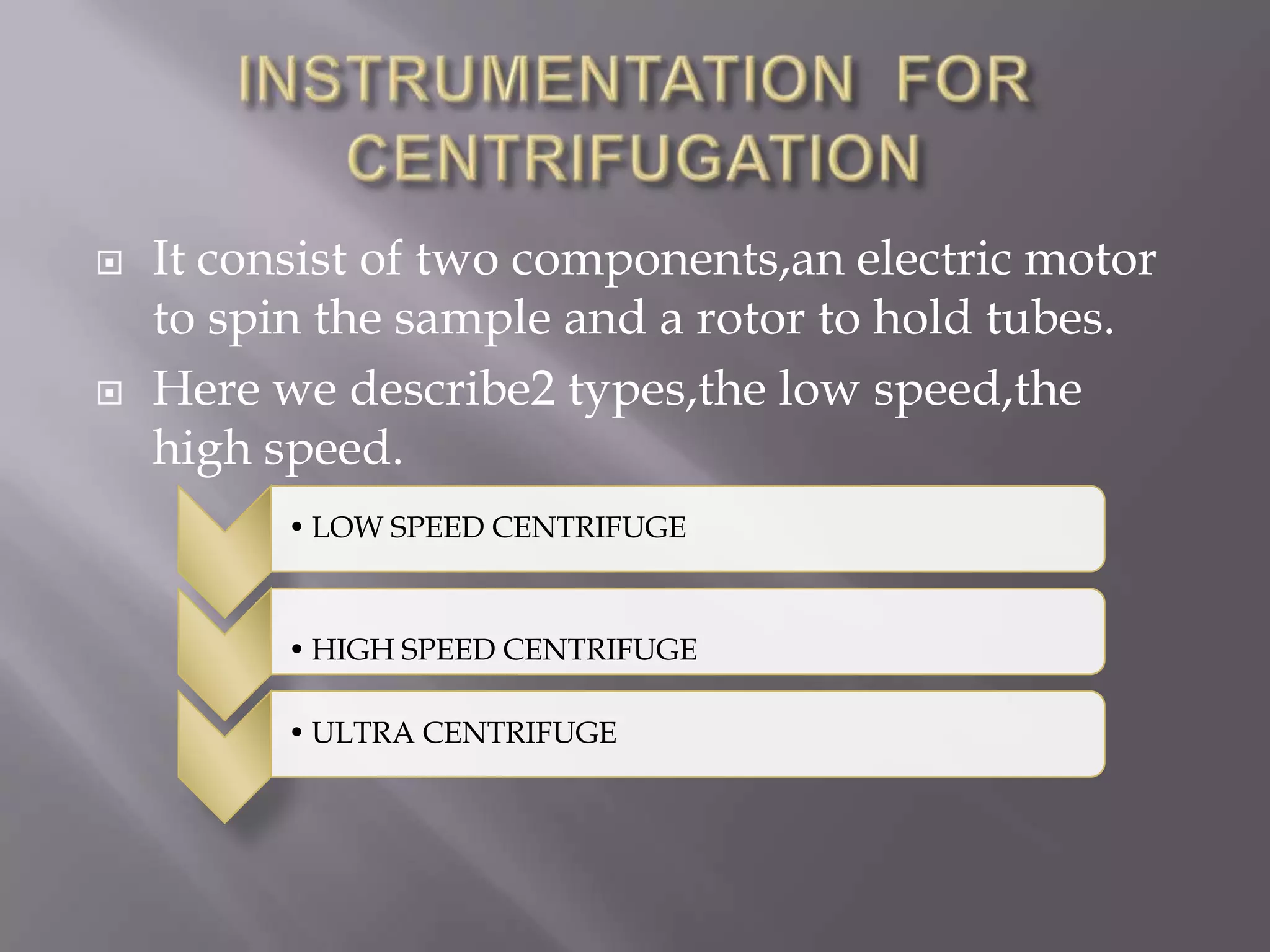 



It consist of two components,an electric motor
to spin the sample and a rotor to hold tubes.
Here we describe2 types,the low speed,the
high speed.
• LOW SPEED CENTRIFUGE

• HIGH SPEED CENTRIFUGE
• ULTRA CENTRIFUGE

 