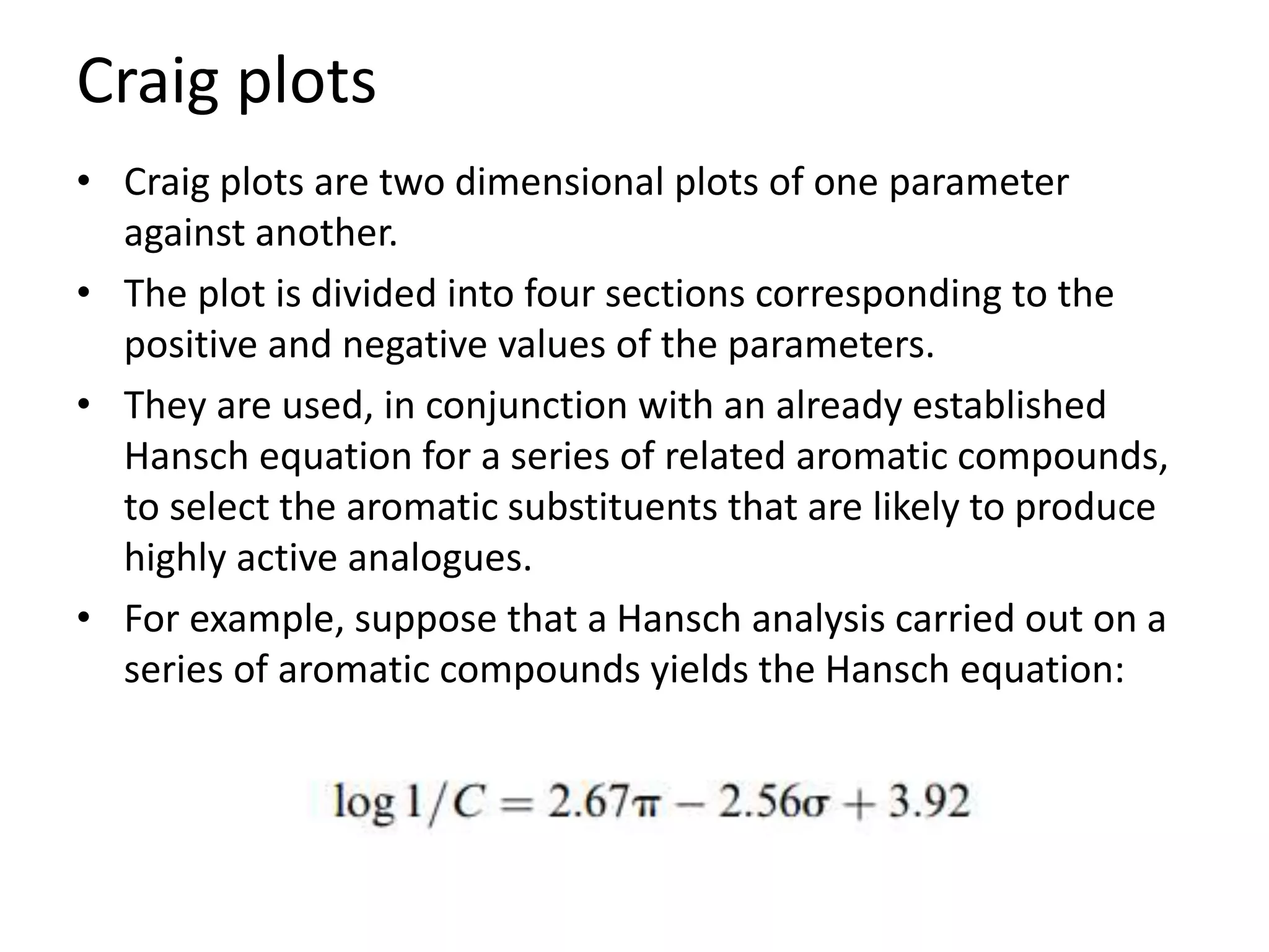 Craig plots
• Craig plots are two dimensional plots of one parameter
against another.
• The plot is divided into four sections corresponding to the
positive and negative values of the parameters.
• They are used, in conjunction with an already established
Hansch equation for a series of related aromatic compounds,
to select the aromatic substituents that are likely to produce
highly active analogues.
• For example, suppose that a Hansch analysis carried out on a
series of aromatic compounds yields the Hansch equation:
 