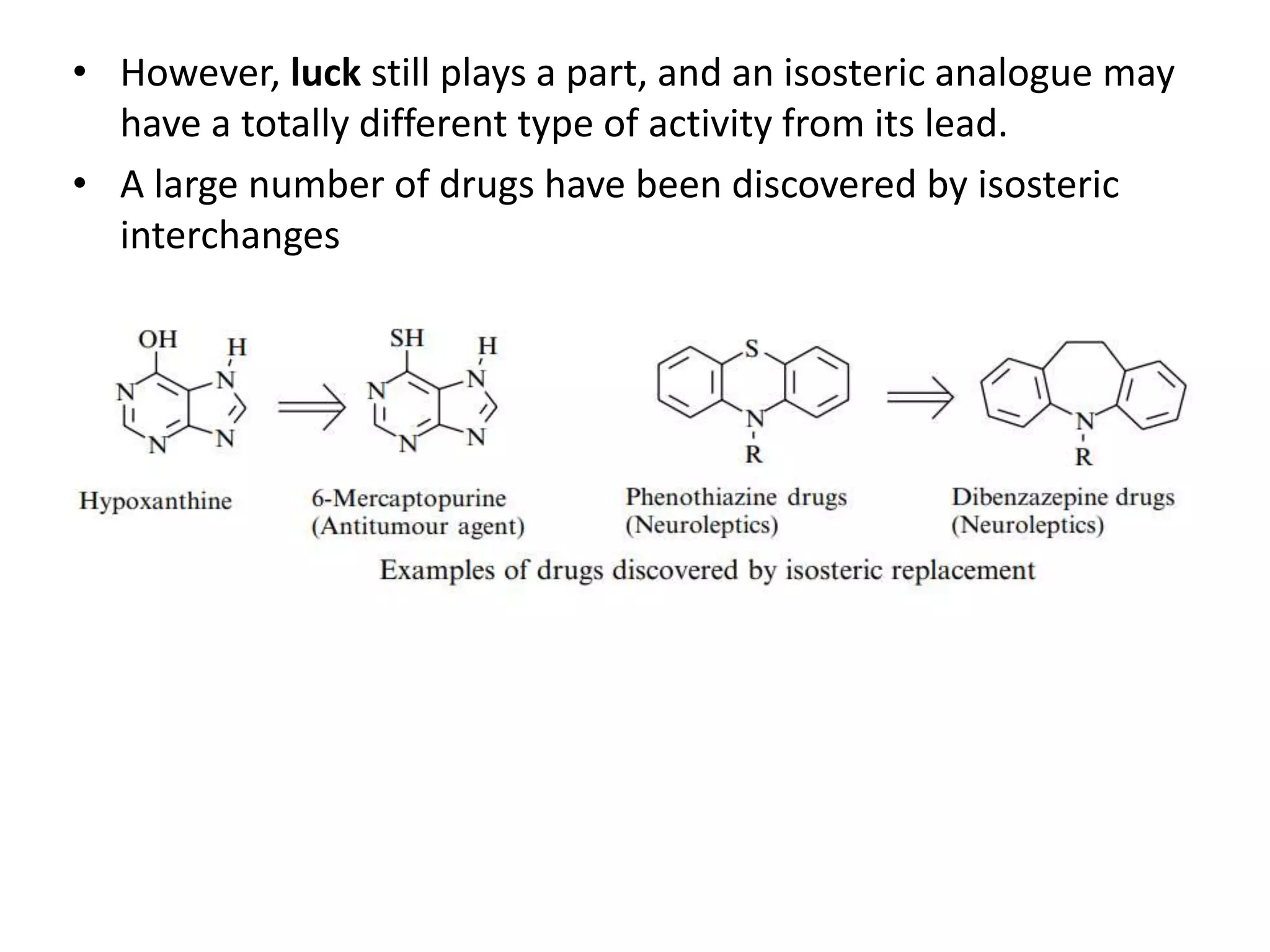 • However, luck still plays a part, and an isosteric analogue may
have a totally different type of activity from its lead.
• A large number of drugs have been discovered by isosteric
interchanges
 