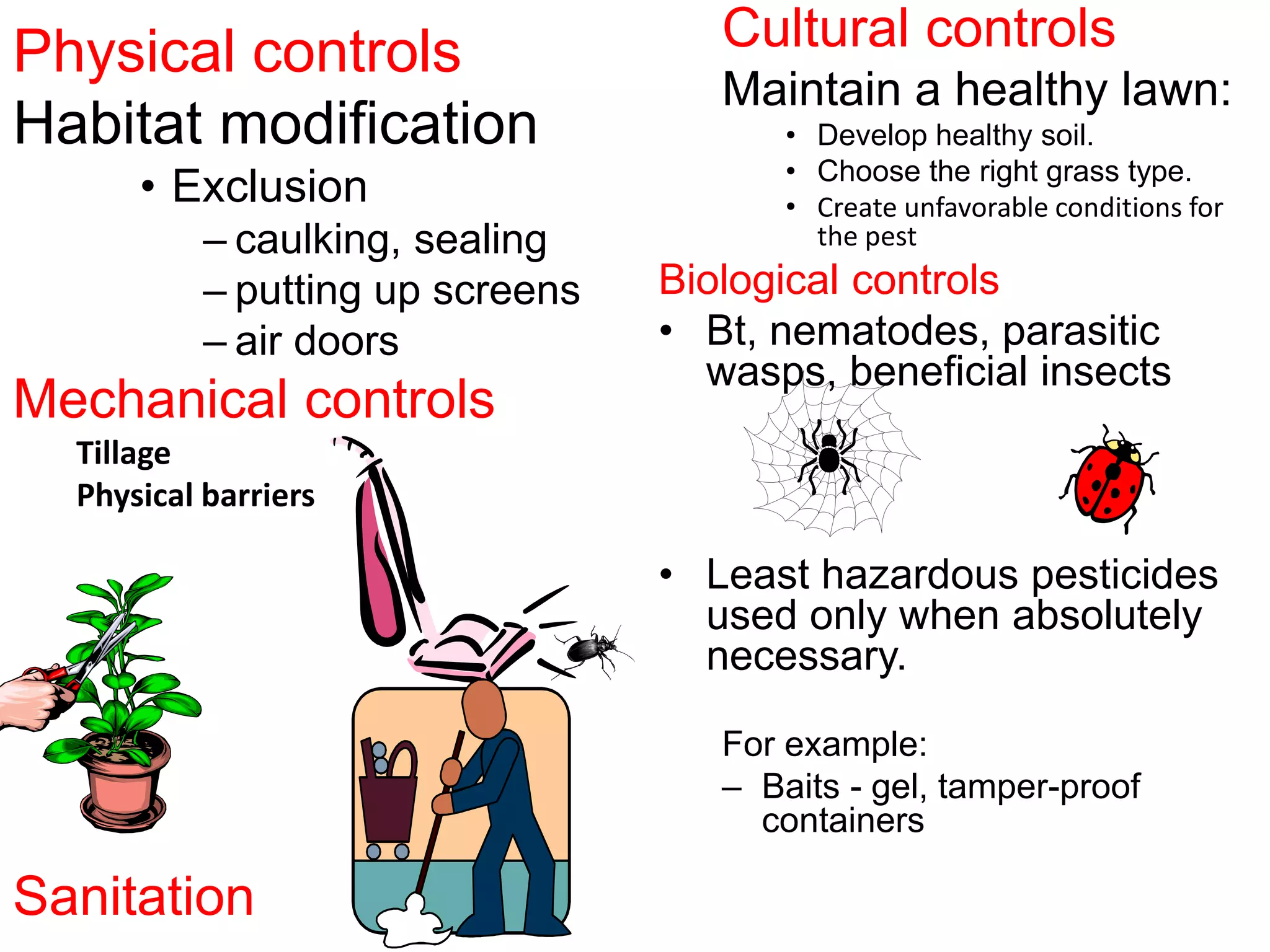 Physical controls
Habitat modification
• Exclusion
– caulking, sealing
– putting up screens
– air doors
Mechanical controls
Tillage
Physical barriers
Sanitation
Cultural controls
Maintain a healthy lawn:
• Develop healthy soil.
• Choose the right grass type.
• Create unfavorable conditions for
the pest
Biological controls
• Bt, nematodes, parasitic
wasps, beneficial insects
• Least hazardous pesticides
used only when absolutely
necessary.
For example:
– Baits - gel, tamper-proof
containers
 