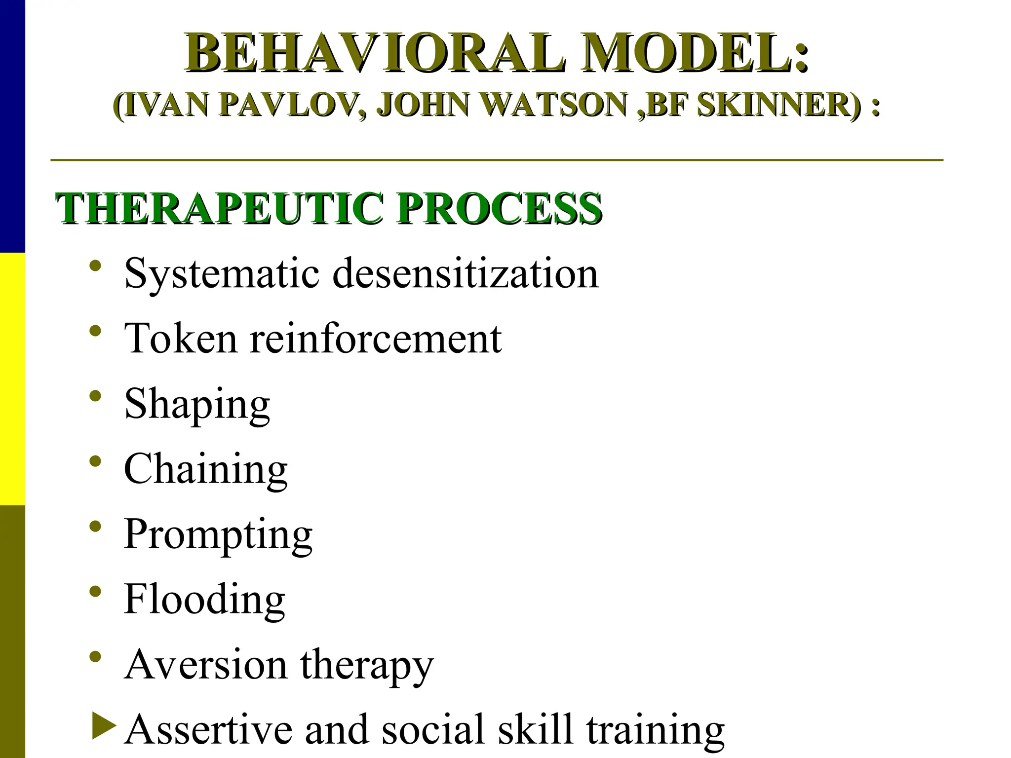 BEHAVIORAL MODEL:
BEHAVIORAL MODEL:
(IVAN PAVLOV, JOHN WATSON ,BF SKINNER)
(IVAN PAVLOV, JOHN WATSON ,BF SKINNER) :
:
THERAPEUTIC PROCESS
THERAPEUTIC PROCESS
 Systematic desensitization
 Token reinforcement
 Shaping
 Chaining
 Prompting
 Flooding
 Aversion therapy
Assertive and social skill training
 