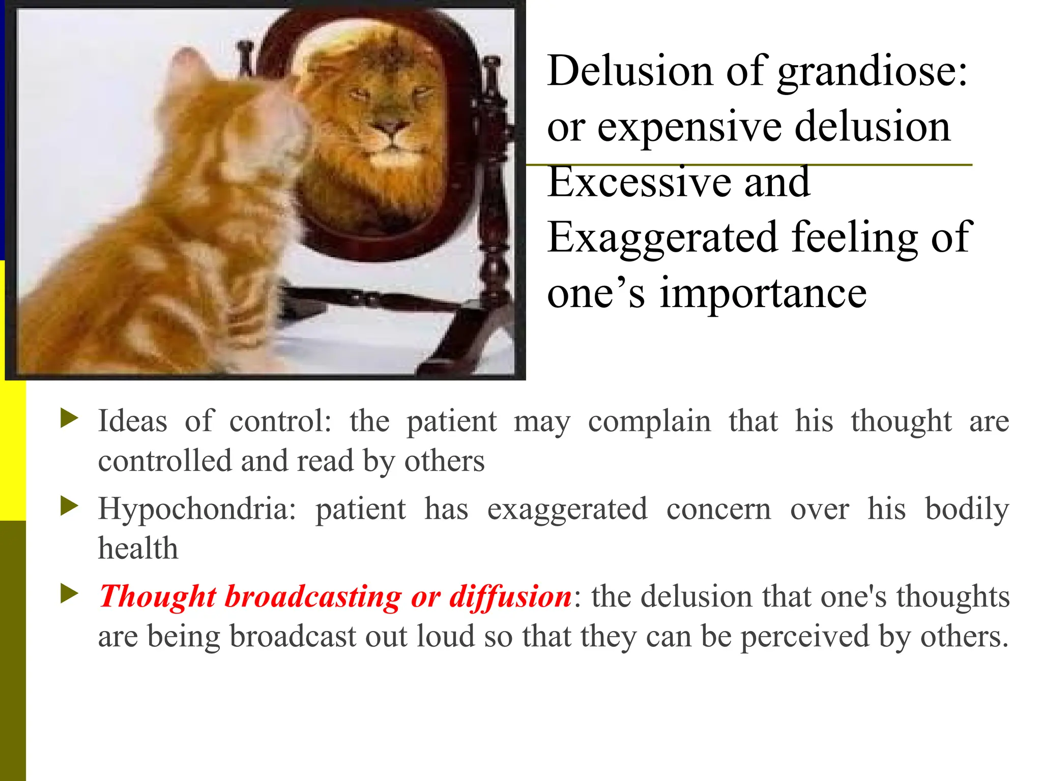  Ideas of control: the patient may complain that his thought are
controlled and read by others
 Hypochondria: patient has exaggerated concern over his bodily
health
 Thought broadcasting or diffusion: the delusion that one's thoughts
are being broadcast out loud so that they can be perceived by others.
Delusion of grandiose:
or expensive delusion
Excessive and
Exaggerated feeling of
one’s importance
 