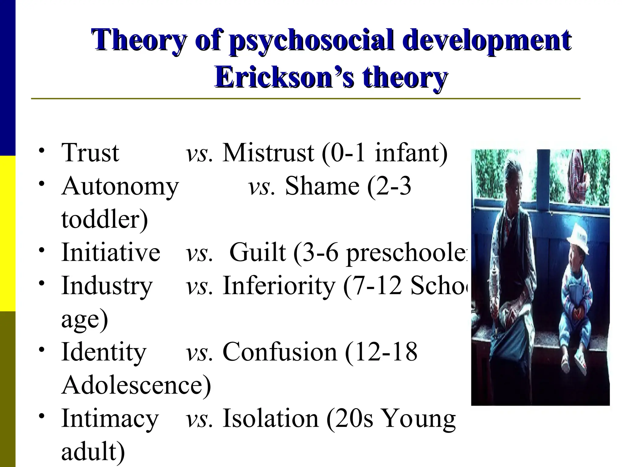 Theory of psychosocial development
Theory of psychosocial development
Erickson’s theory
Erickson’s theory
• Trust vs. Mistrust (0-1 infant)
• Autonomy vs. Shame (2-3
toddler)
• Initiative vs. Guilt (3-6 preschooler)
• Industry vs. Inferiority (7-12 School
age)
• Identity vs. Confusion (12-18
Adolescence)
• Intimacy vs. Isolation (20s Young
adult)
 