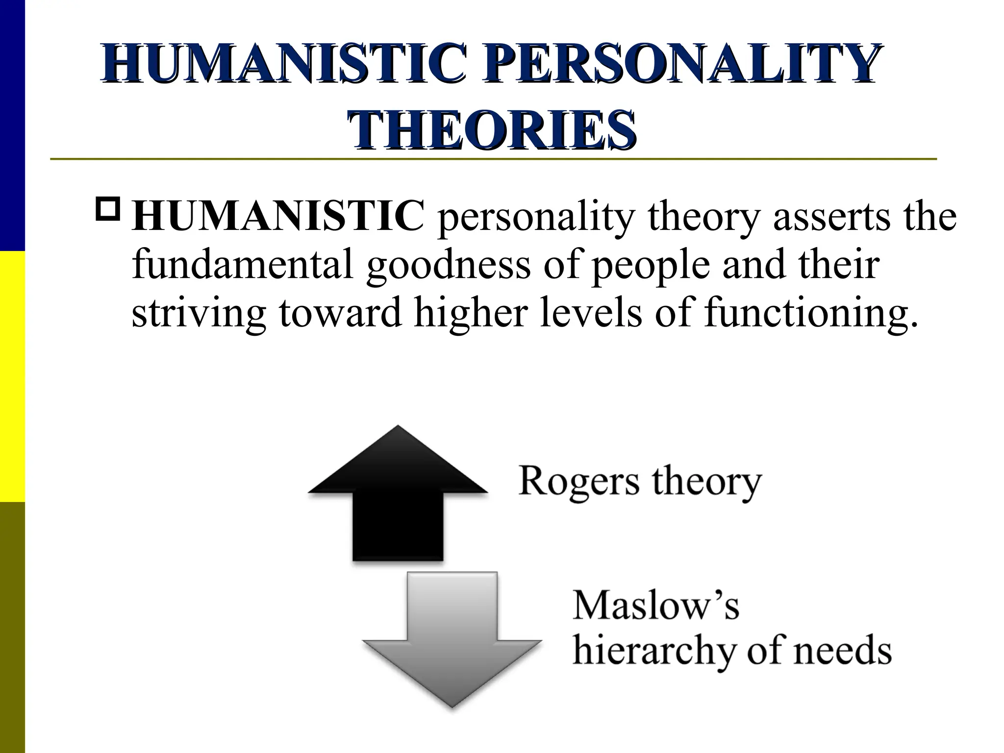 HUMANISTIC PERSONALITY
HUMANISTIC PERSONALITY
THEORIES
THEORIES
 HUMANISTIC personality theory asserts the
fundamental goodness of people and their
striving toward higher levels of functioning.
 