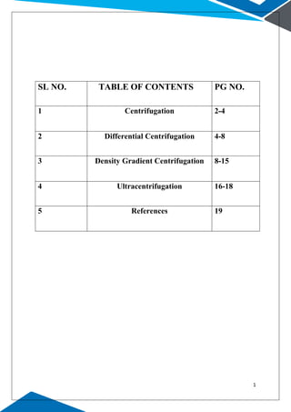 1
SL NO. TABLE OF CONTENTS PG NO.
1 Centrifugation 2-4
2 Differential Centrifugation 4-8
3 Density Gradient Centrifugation 8-15
4 Ultracentrifugation 16-18
5 References 19
 