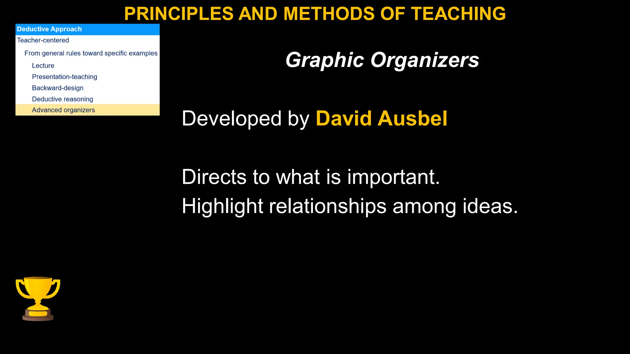 Graphic Organizers
Developed by David Ausbel
Directs to what is important.
Highlight relationships among ideas.
PRINCIPLES AND METHODS OF TEACHING
 