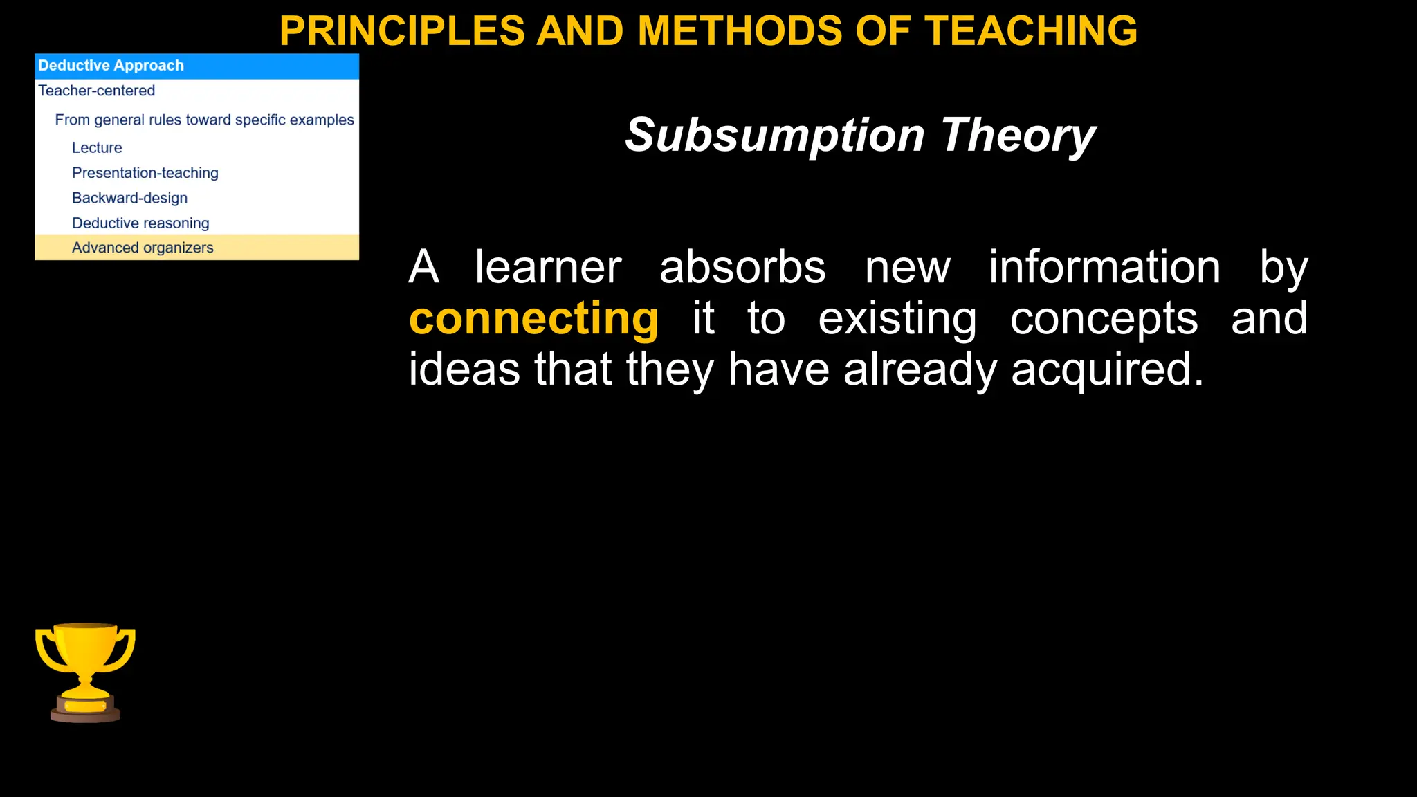 Subsumption Theory
A learner absorbs new information by
connecting it to existing concepts and
ideas that they have already acquired.
PRINCIPLES AND METHODS OF TEACHING
 