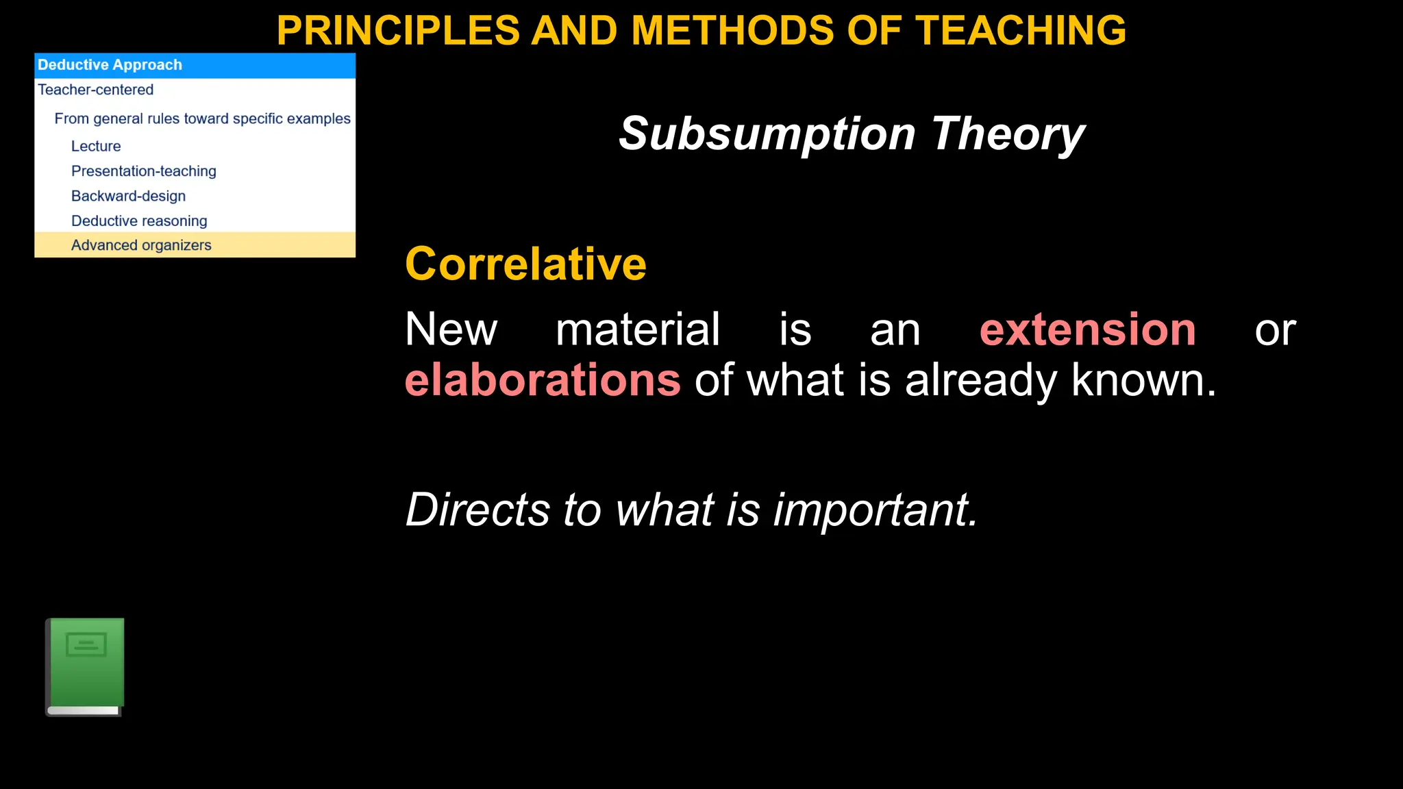 Subsumption Theory
Correlative
New material is an extension or
elaborations of what is already known.
Directs to what is important.
PRINCIPLES AND METHODS OF TEACHING
 