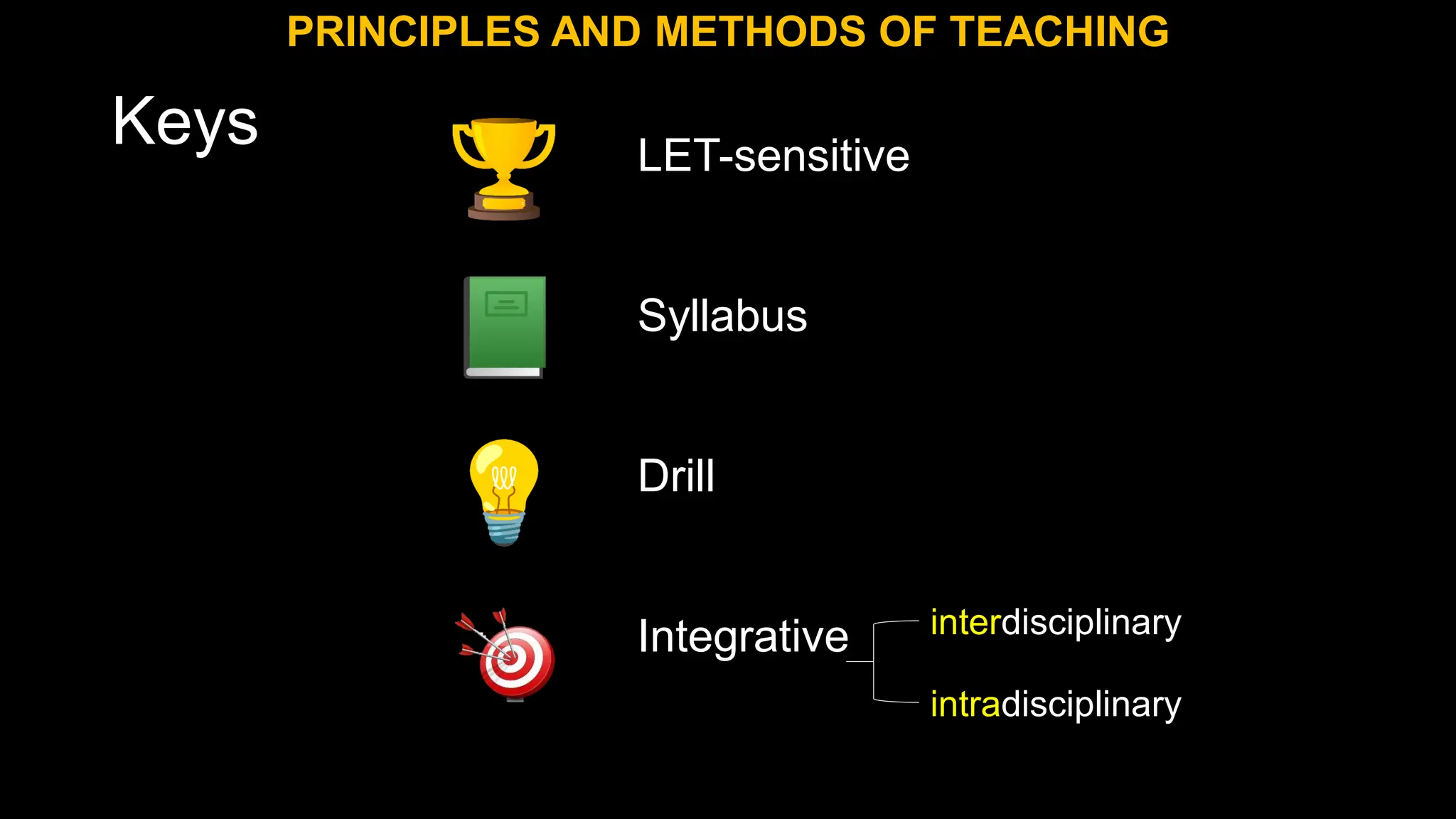 PRINCIPLES AND METHODS OF TEACHING
Keys LET-sensitive
Syllabus
Drill
Integrative interdisciplinary
intradisciplinary
 