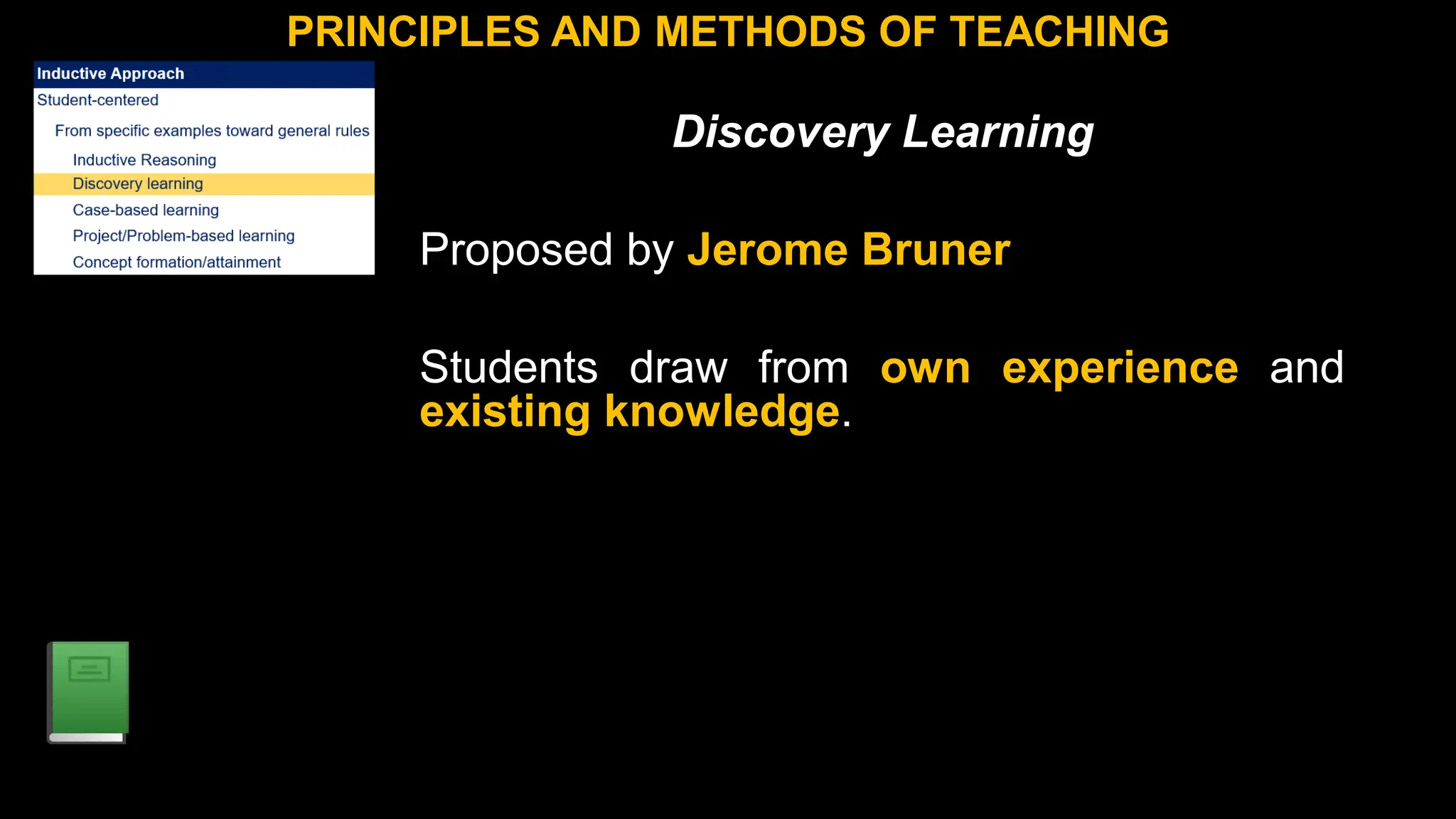 Discovery Learning
Proposed by Jerome Bruner
Students draw from own experience and
existing knowledge.
PRINCIPLES AND METHODS OF TEACHING
 