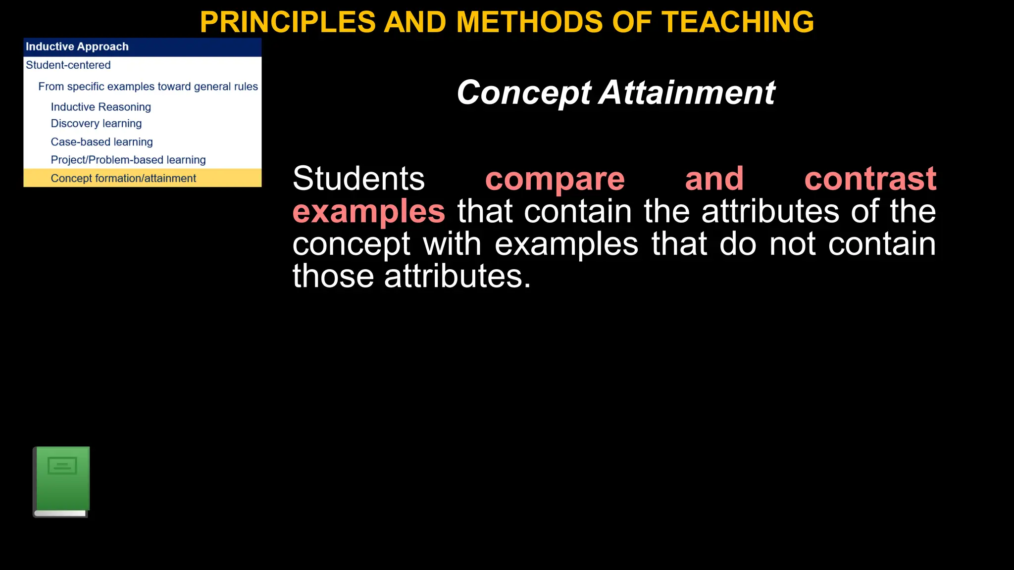 Concept Attainment
Students compare and contrast
examples that contain the attributes of the
concept with examples that do not contain
those attributes.
PRINCIPLES AND METHODS OF TEACHING
 