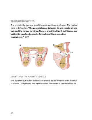 10
ARRANGEMENT OF TEETH
The teeth in the denture should be arranged in neutral zone. The neutral
zone is defined as, “The ...