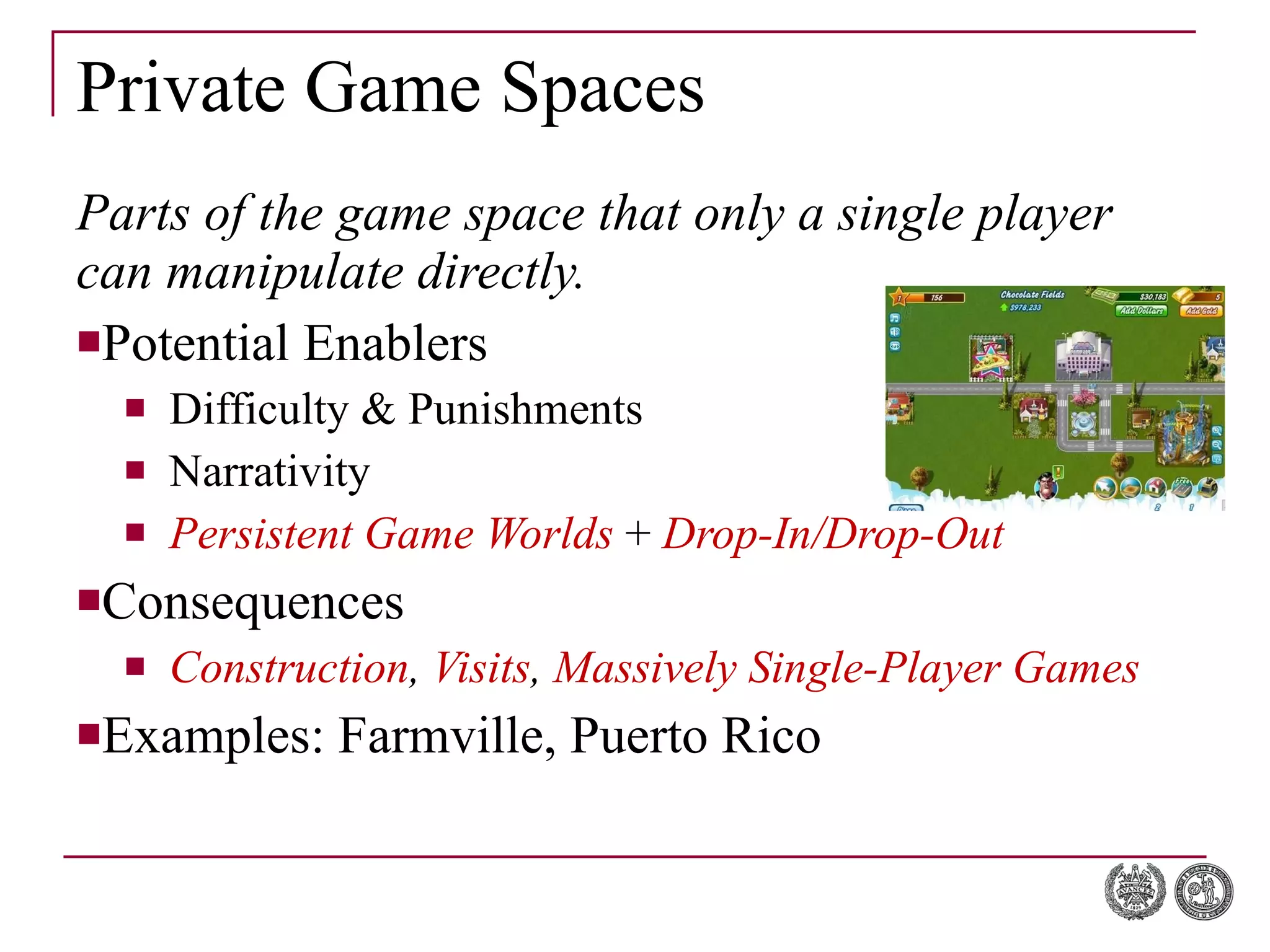 Private Game Spaces Parts of the game space that only a single player can manipulate directly. Potential Enablers Difficulty & Punishments Narrativity Persistent Game Worlds  +  Drop-In/Drop-Out Consequences Construction ,  Visits ,   Massively Single-Player Games Examples: Farmville, Puerto Rico 