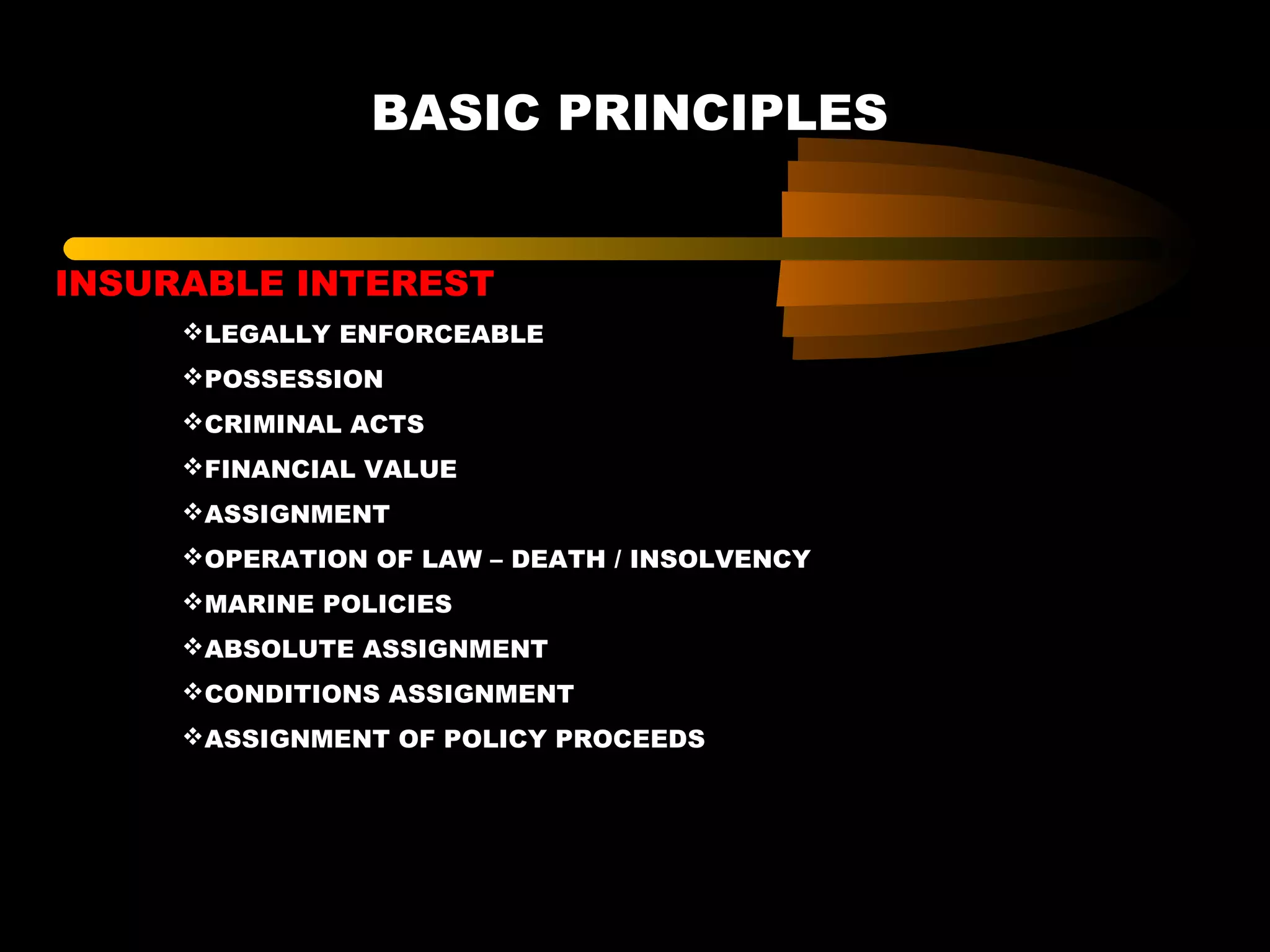 BASIC PRINCIPLES
INSURABLE INTEREST
LEGALLY ENFORCEABLE
POSSESSION
CRIMINAL ACTS
FINANCIAL VALUE
ASSIGNMENT
OPERATION OF LAW – DEATH / INSOLVENCY
MARINE POLICIES
ABSOLUTE ASSIGNMENT
CONDITIONS ASSIGNMENT
ASSIGNMENT OF POLICY PROCEEDS
 