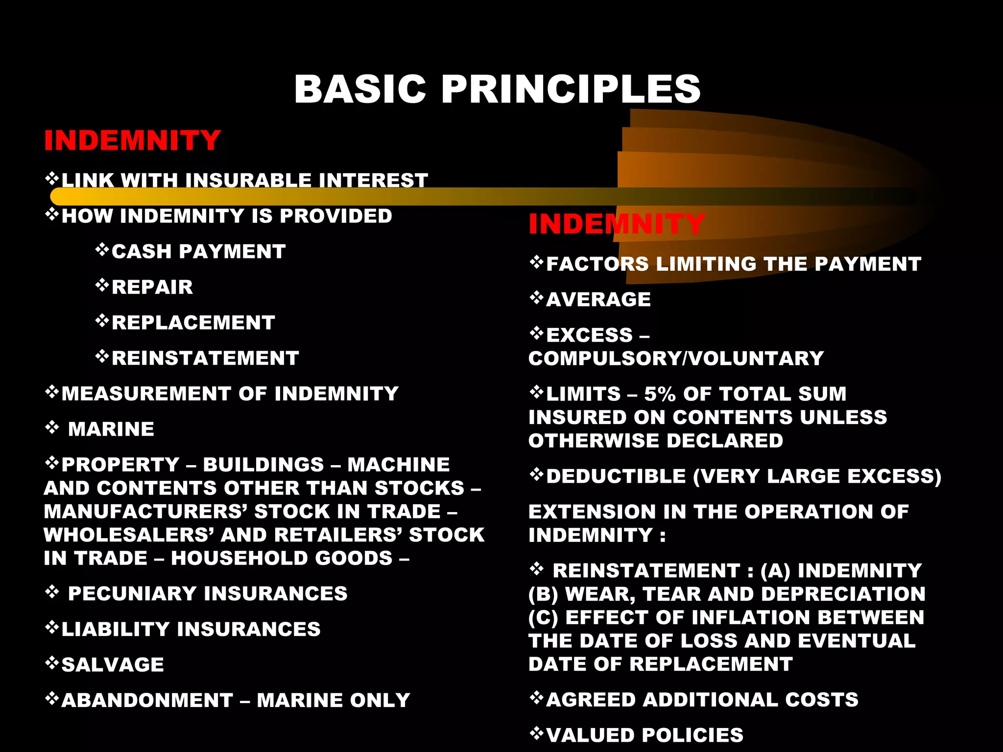 BASIC PRINCIPLES
INDEMNITY
LINK WITH INSURABLE INTEREST
HOW INDEMNITY IS PROVIDED
CASH PAYMENT
REPAIR
REPLACEMENT
REINSTATEMENT
MEASUREMENT OF INDEMNITY
 MARINE
PROPERTY – BUILDINGS – MACHINE
AND CONTENTS OTHER THAN STOCKS –
MANUFACTURERS’ STOCK IN TRADE –
WHOLESALERS’ AND RETAILERS’ STOCK
IN TRADE – HOUSEHOLD GOODS –
 PECUNIARY INSURANCES
LIABILITY INSURANCES
SALVAGE
ABANDONMENT – MARINE ONLY
INDEMNITY
FACTORS LIMITING THE PAYMENT
AVERAGE
EXCESS –
COMPULSORY/VOLUNTARY
LIMITS – 5% OF TOTAL SUM
INSURED ON CONTENTS UNLESS
OTHERWISE DECLARED
DEDUCTIBLE (VERY LARGE EXCESS)
EXTENSION IN THE OPERATION OF
INDEMNITY :
 REINSTATEMENT : (A) INDEMNITY
(B) WEAR, TEAR AND DEPRECIATION
(C) EFFECT OF INFLATION BETWEEN
THE DATE OF LOSS AND EVENTUAL
DATE OF REPLACEMENT
AGREED ADDITIONAL COSTS
VALUED POLICIES
 