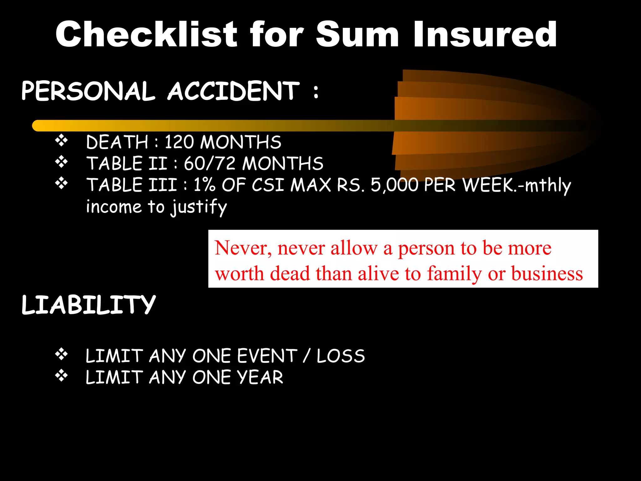 PERSONAL ACCIDENT :
 DEATH : 120 MONTHS
 TABLE II : 60/72 MONTHS
 TABLE III : 1% OF CSI MAX RS. 5,000 PER WEEK.-mthly
income to justify
Checklist for Sum Insured
Never, never allow a person to be more
worth dead than alive to family or business
LIABILITY
 LIMIT ANY ONE EVENT / LOSS
 LIMIT ANY ONE YEAR
 