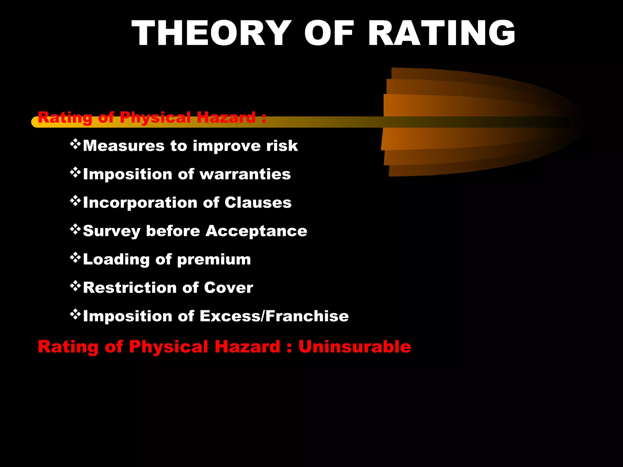 THEORY OF RATING
Rating of Physical Hazard :
Measures to improve risk
Imposition of warranties
Incorporation of Clauses
Survey before Acceptance
Loading of premium
Restriction of Cover
Imposition of Excess/Franchise
Rating of Physical Hazard : Uninsurable
 