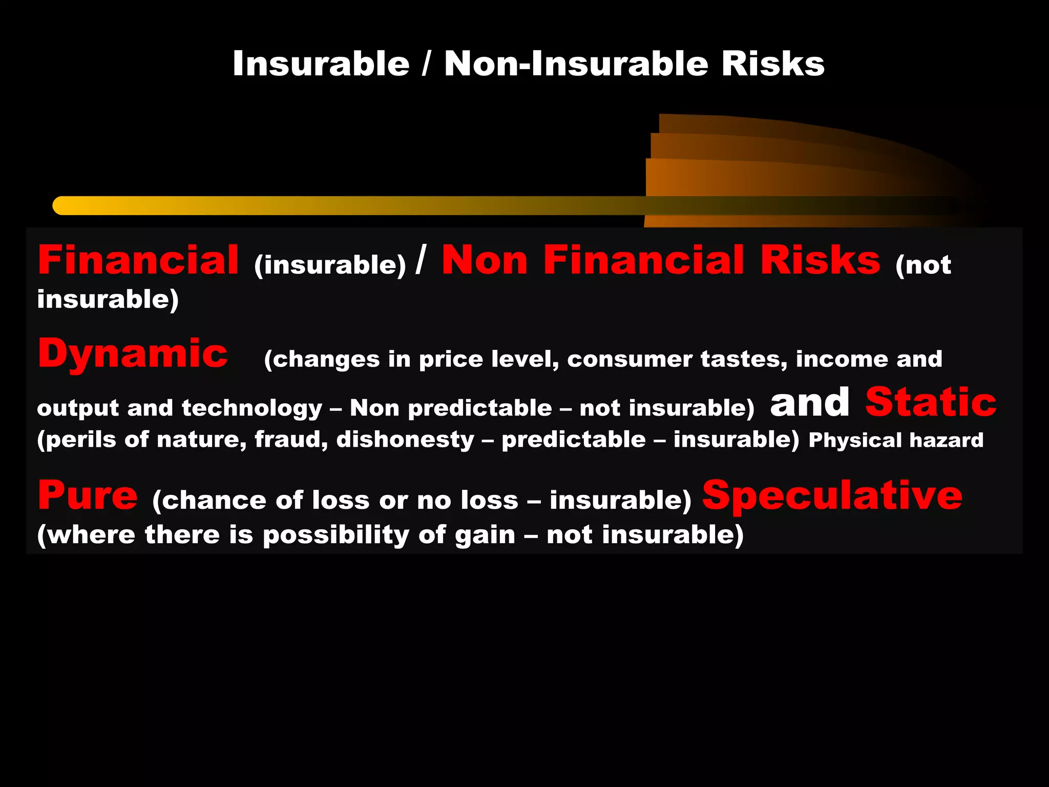 Insurable / Non-Insurable Risks
Financial (insurable) / Non Financial Risks (not
insurable)
Dynamic (changes in price level, consumer tastes, income and
output and technology – Non predictable – not insurable) and Static
(perils of nature, fraud, dishonesty – predictable – insurable) Physical hazard
Pure (chance of loss or no loss – insurable) Speculative
(where there is possibility of gain – not insurable)
 