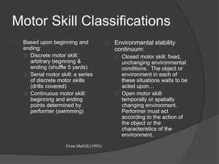 Motor Skill Classifications
Based upon beginning and
ending:
Discrete motor skill:
arbitrary beginning &
ending (shuffle 5 yards)
Serial motor skill: a series
of discrete motor skills
(drills covered)
Continuous motor skill:
beginning and ending
points determined by
performer (swimming)
Environmental stability
continuum:
Closed motor skill: fixed,
unchanging environmental
conditions. The object or
environment in each of
these situations waits to be
acted upon…
Open motor skill:
temporally or spatially
changing environment.
Performer must act
according to the action of
the object or the
characteristics of the
environment.
From MaGill (1993).
 