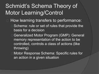 Schmidt’s Schema Theory of
Motor Learning/Control
How learning transfers to performance:
Schema: rule or set of rules that provide the
basis for a decision
Generalized Motor Program (GMP): General
memory representation of the action to be
controlled, controls a class of actions (like
throwing)
Motor Response Schema: Specific rules for
an action in a given situation
 