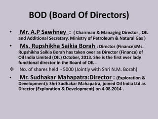 BOD (Board Of Directors)
• Mr. A.P Sawhney : ( Chairman & Managing Director , OIL
and Additional Secretary, Ministry of Petroleum & Natural Gas )
• Ms. Rupshikha Saikia Borah : Director (Finance):Ms.
Rupshikha Saikia Borah has taken over as Director (Finance) of
Oil India Limited (OIL) October, 2013. She is the first ever lady
functional director in the Board of OIL .
 No. of shares held - 5000 (Jointly with Shri N.M. Borah)
• Mr. Sudhakar Mahapatra:Director : (Exploration &
Development): Shri Sudhakar Mahapatra, joined Oil India Ltd as
Director (Exploration & Development) on 4.08.2014 .
 