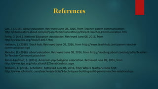 References
Cox, J. (2016). About education. Retrieved June 08, 2016, from Teacher-parent communication:
http://k6educators.about.com/od/parentcommunication/a/Parent-Teacher-Communication.htm
Foley, D. (n.d.). National Education Association. Retrieved June 08, 2016, from
http://www.nea.org/tools/51057.htm
Halloran, J. (2016). Teach hub. Retrieved June 08, 2016, from http://www.teachhub.com/parent-teacher-
communication-tips
Meador, D. (2016). about education. Retrieved June 08, 2016, from http://teaching.about.com/od/pd/a/Teacher-
To-Teacher-Communication.htm
Rimm-Kaufman, S. (2016). American psychological association. Retrieved June 08, 2016, from
http://www.apa.org/education/k12/relationships.aspx
Williams, K. (2016). Scholastic. Retrieved June 08, 2016, from Where teachers come first:
http://www.scholastic.com/teachers/article/9-techniques-building-solid-parent-teacher-relationships
 