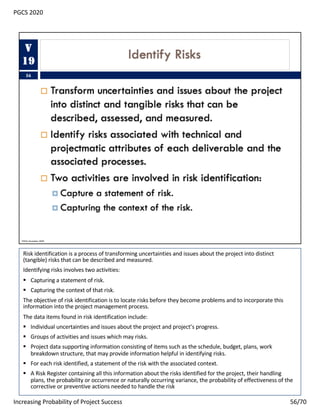 Risk identification is a process of transforming uncertainties and issues about the project into distinct
(tangible) risks...