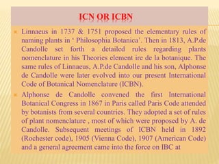 ICN OR ICBN
 Linnaeus in 1737 & 1751 proposed the elementary rules of
naming plants in ‘ Philosophia Botanica’. Then in 1813, A.P.de
Candolle set forth a detailed rules regarding plants
nomenclature in his Theories element ire de la botanique. The
same rules of Linnaeus, A.P.de Candolle and his son, Alphonse
de Candolle were later evolved into our present International
Code of Botanical Nomenclature (ICBN).
 Alphonse de Candolle convened the first International
Botanical Congress in 1867 in Paris called Paris Code attended
by botanists from several countries. They adopted a set of rules
of plant nomenclature , most of which were proposed by A. de
Candolle. Subsequent meetings of ICBN held in 1892
(Rochester code), 1905 (Vienna Code), 1907 (American Code)
and a general agreement came into the force on IBC at
 