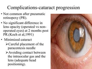 Complications-cataract progression
• Not common after pneumatic
retinopexy (PR).
• No significant difference in
lens opacity (operated vs non-
operated eyes) at 2 months post
PR.(Koch et al,1991)
• Minimized cataract
Careful placement of the
paracentesis needle
Avoiding contact between
the intraocular gas and the
lens (adequate head
positioning).
 