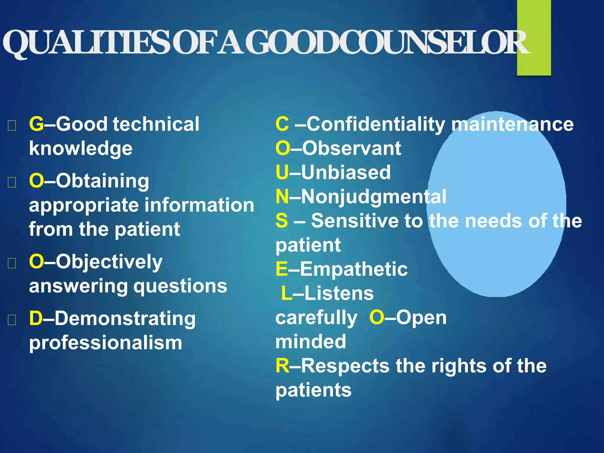 QUALITIESOFAGOODCOUNSELOR
G–Good technical
knowledge
O–Obtaining
appropriate information
from the patient
O–Objectively
answering questions
D–Demonstrating
professionalism
C –Confidentiality maintenance
O–Observant
U–Unbiased
N–Nonjudgmental
S – Sensitive to the needs of the
patient
E–Empathetic
L–Listens
carefully O–Open
minded
R–Respects the rights of the
patients
 