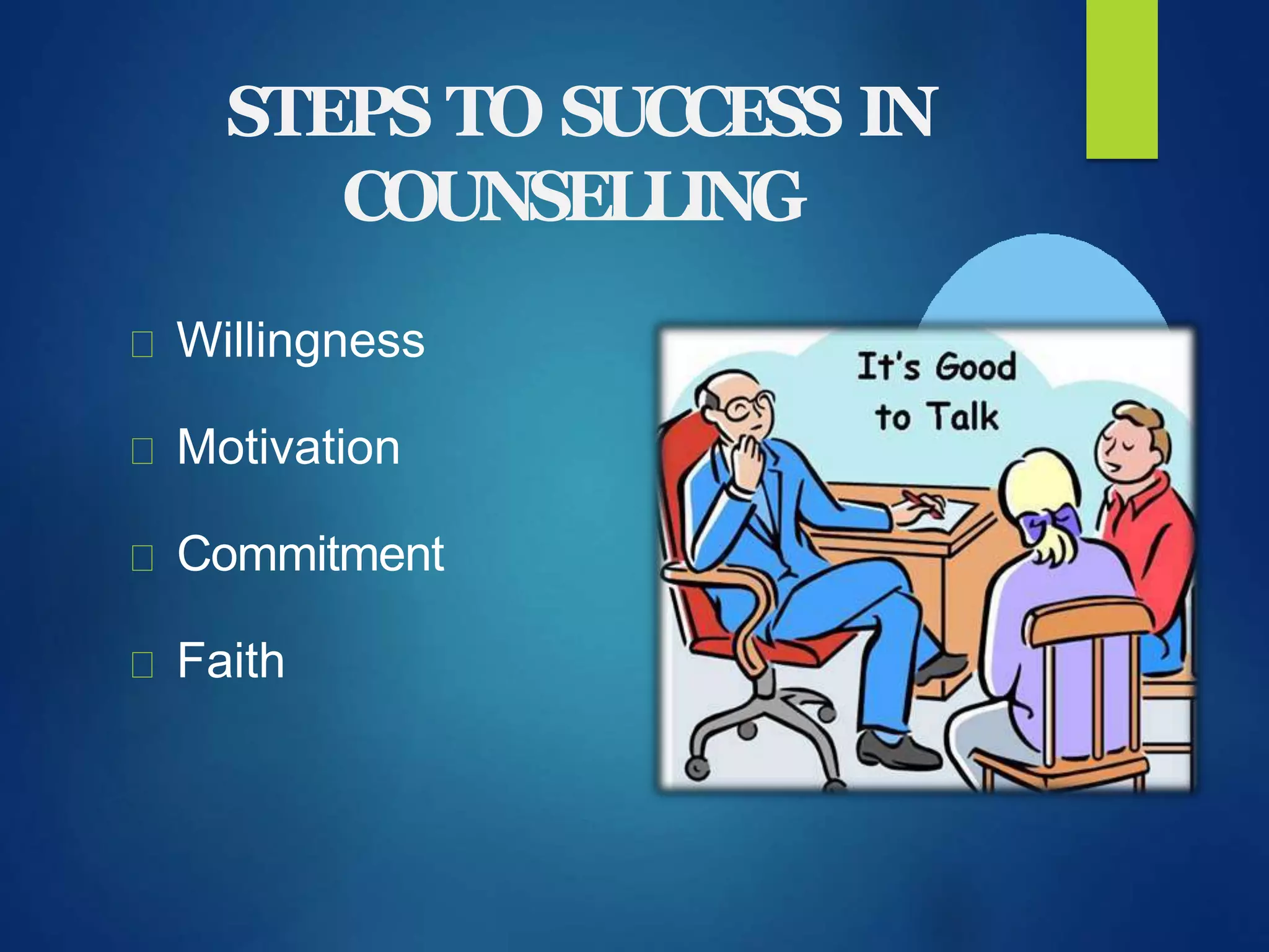 STEPS TO SUCCESS IN
COUNSELLING
Willingness
Motivation
Commitment
Faith
 