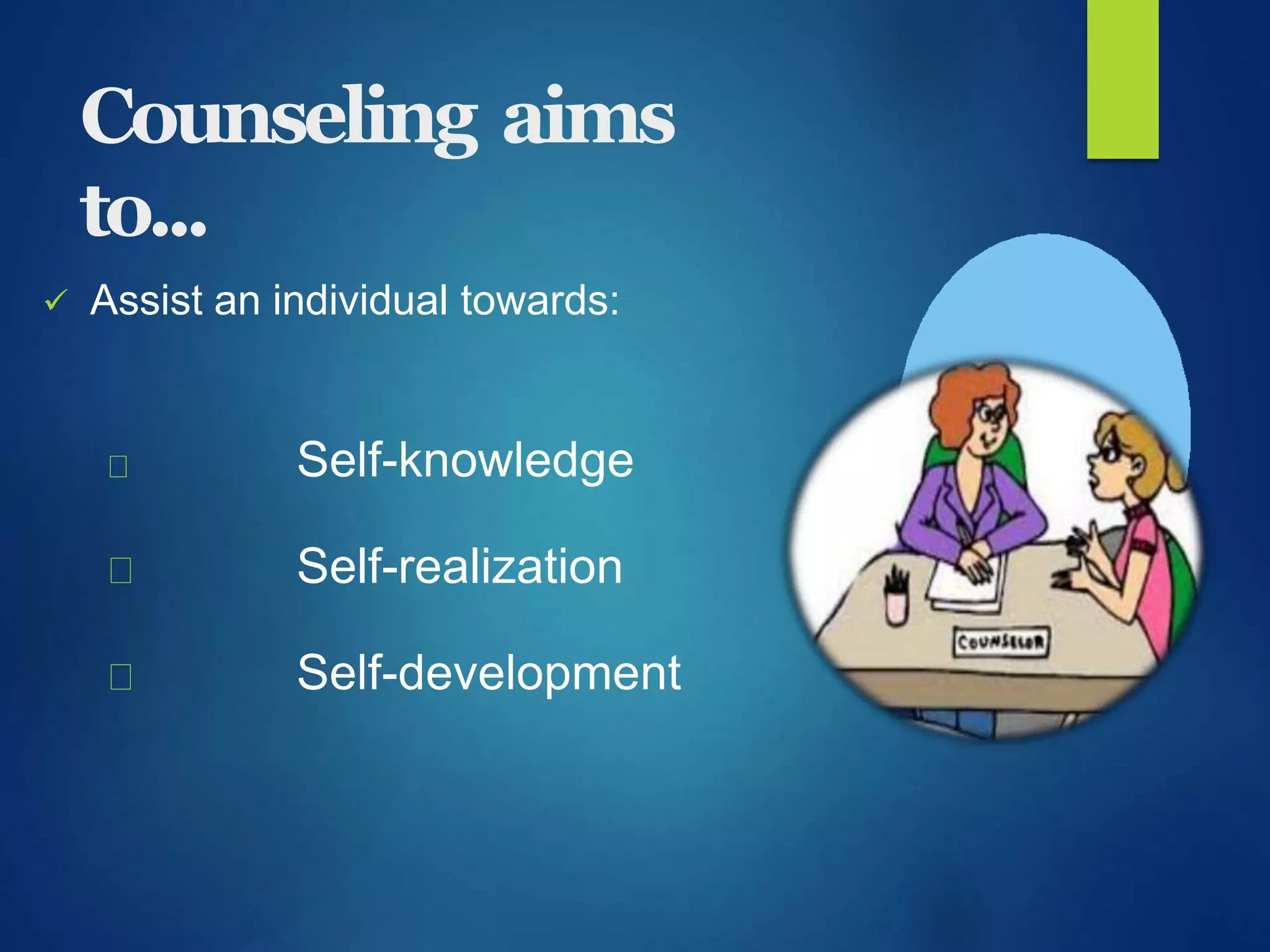 Counseling aims
to...
 Assist an individual towards:
Self-knowledge
Self-realization
Self-development
 
