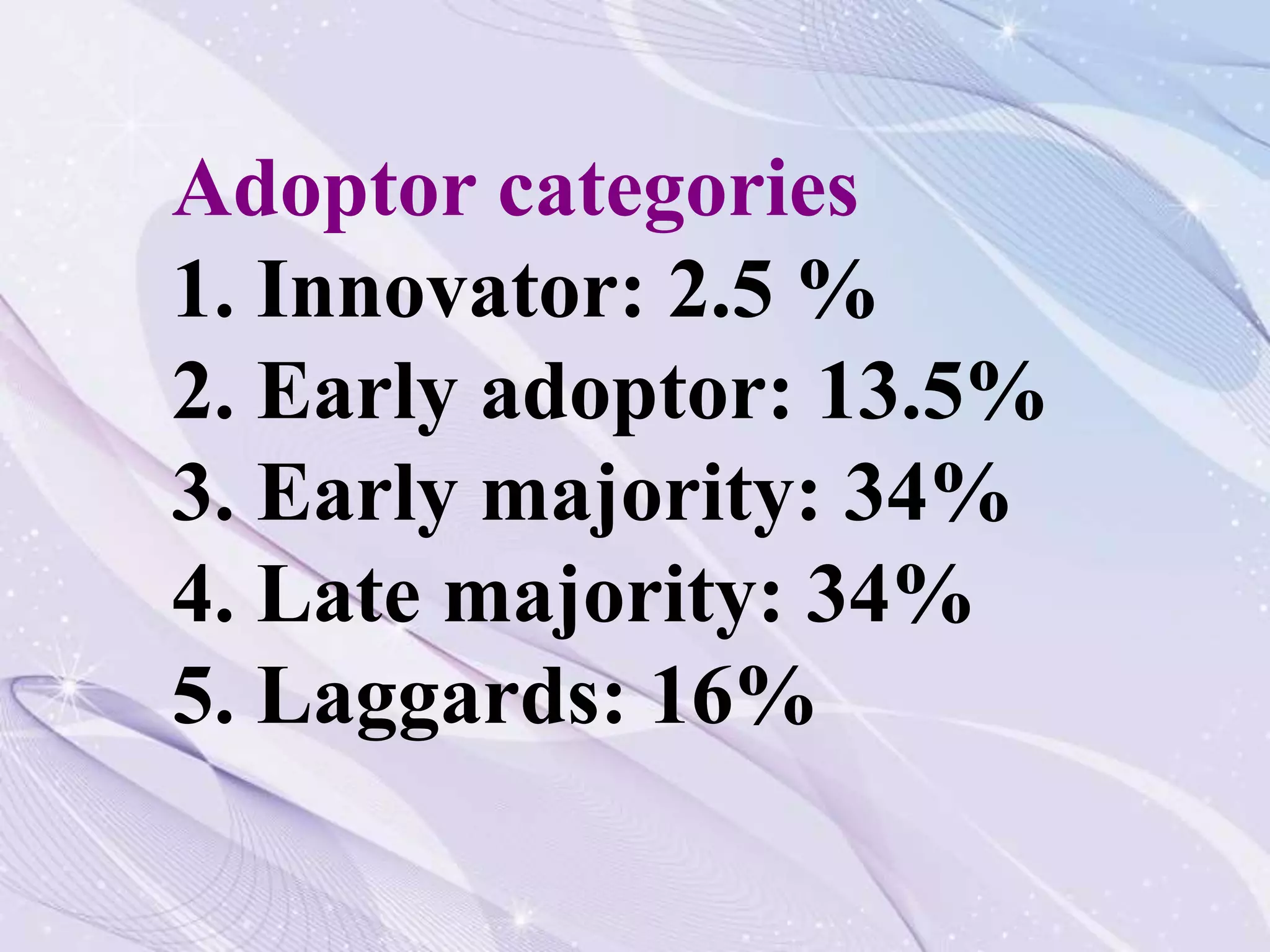 Adoptor categories
1. Innovator: 2.5 %
2. Early adoptor: 13.5%
3. Early majority: 34%
4. Late majority: 34%
5. Laggards: 16%
 