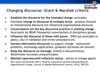 Changing discourse: Grant & Marshak criteria
1. Establish the discourse for the intended change: principles
2. Facilitate change in discourse at multiple levels – projects focused
on interpersonal discourse but influenced organisational discourse
3. Conversations are the key discursive practice in seeding change –
focal point for REAP/Viewpoints conversations of disciplinary groups
4. Influence the discourse of those with power – DVPs put principles in
policy, also in validation and review procedures etc.
5. Harness alternative discourses to support change – assessment
problems, technology applications, graduate attributes all relevant
6. Keep the discourse on message: embed in documentation,
disseminate successes using principles
7. Maintain openness/self-reflective stance – advice to change agents
Ref: Grant and Marshak (2011) Towards a discourse centred understanding of
organisational change, Journal of Applied Behavioural Science, 47(2), 204-235
 