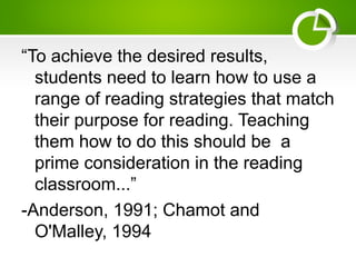 “To achieve the desired results,
students need to learn how to use a
range of reading strategies that match
their purpose for reading. Teaching
them how to do this should be a
prime consideration in the reading
classroom...”
-Anderson, 1991; Chamot and
O'Malley, 1994
 