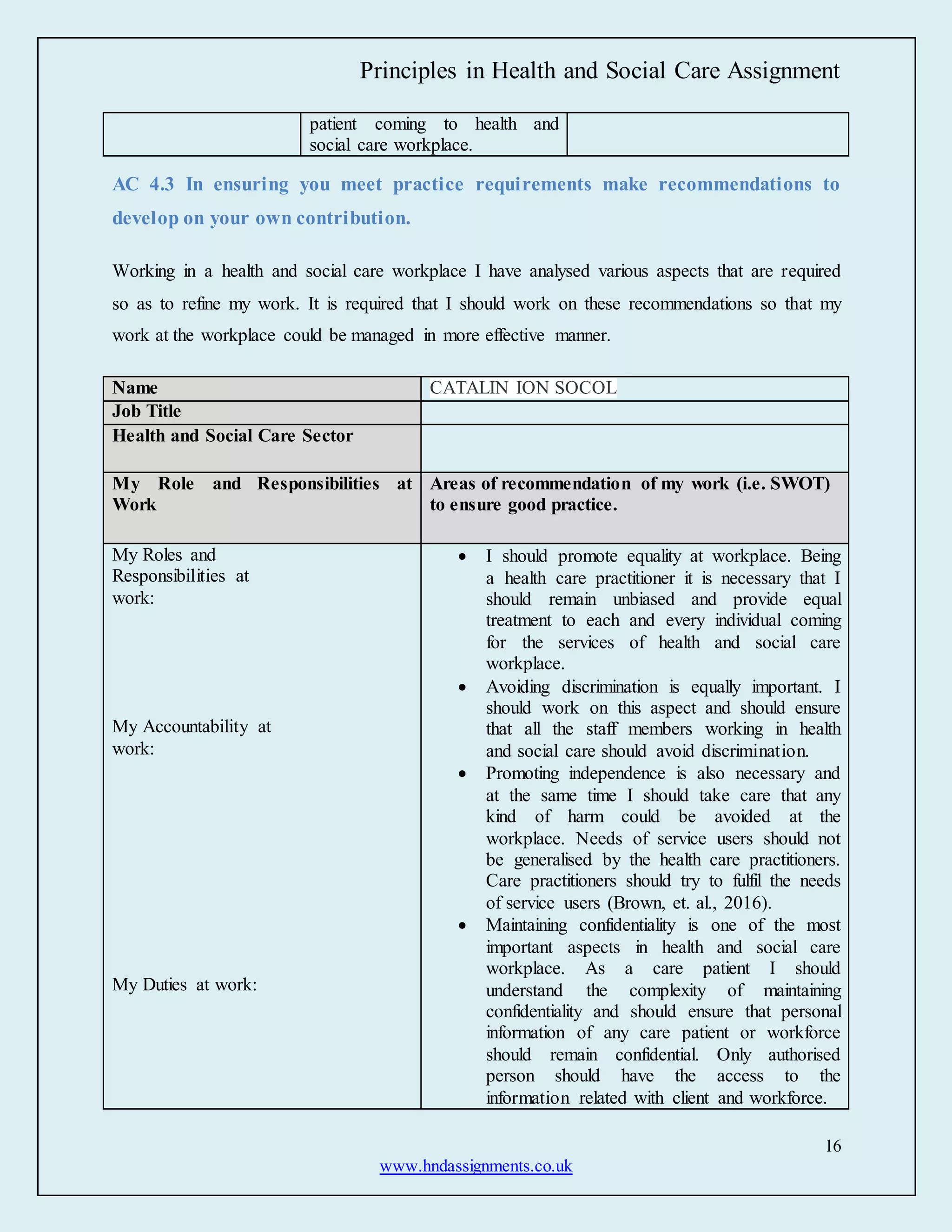 Principles in Health and Social Care Assignment
16
www.hndassignments.co.uk
patient coming to health and
social care workplace.
AC 4.3 In ensuring you meet practice requirements make recommendations to
develop on your own contribution.
Working in a health and social care workplace I have analysed various aspects that are required
so as to refine my work. It is required that I should work on these recommendations so that my
work at the workplace could be managed in more effective manner.
Name CATALIN ION SOCOL
Job Title
Health and Social Care Sector
My Role and Responsibilities at
Work
Areas of recommendation of my work (i.e. SWOT)
to ensure good practice.
My Roles and
Responsibilities at
work:
My Accountability at
work:
My Duties at work:
 I should promote equality at workplace. Being
a health care practitioner it is necessary that I
should remain unbiased and provide equal
treatment to each and every individual coming
for the services of health and social care
workplace.
 Avoiding discrimination is equally important. I
should work on this aspect and should ensure
that all the staff members working in health
and social care should avoid discrimination.
 Promoting independence is also necessary and
at the same time I should take care that any
kind of harm could be avoided at the
workplace. Needs of service users should not
be generalised by the health care practitioners.
Care practitioners should try to fulfil the needs
of service users (Brown, et. al., 2016).
 Maintaining confidentiality is one of the most
important aspects in health and social care
workplace. As a care patient I should
understand the complexity of maintaining
confidentiality and should ensure that personal
information of any care patient or workforce
should remain confidential. Only authorised
person should have the access to the
information related with client and workforce.
 