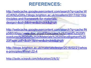 REFERENCES:
http://webcache.googleusercontent.com/search?q=cache:W
zCrKN2uGWsJ:blogs.brighton.ac.uk/moallemi/2017/02/19/p
rinciples-and-framework-for-materials-
design/+&cd=8&hl=en&ct=clnk&gl=ph
http://webcache.googleusercontent.com/search?q=cache:fN
p580Vt0qgJ:www.iltec.pt/pdf/Principles%2520and%2520Pr
ocedures%2520of%2520Materials%2520Development%25
20Paper.pdf+&cd=1&hl=en&ct=clnk&gl=ph
http://blogs.brighton.ac.uk/materialsdesign/2016/02/21/whos
e-principles/#fnref-22-4
http://pubs.sciepub.com/education/2/6/2/
http://pubs.sciepub.com/education/2/6/2/
 